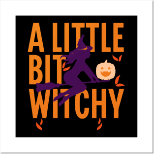 A little bit witchy; Halloween; witch; broom; pumpkin; witchcraft; magic; magical; Autumn; orange; purple; black; trick or treat; party; witch's hat; Posters and Art